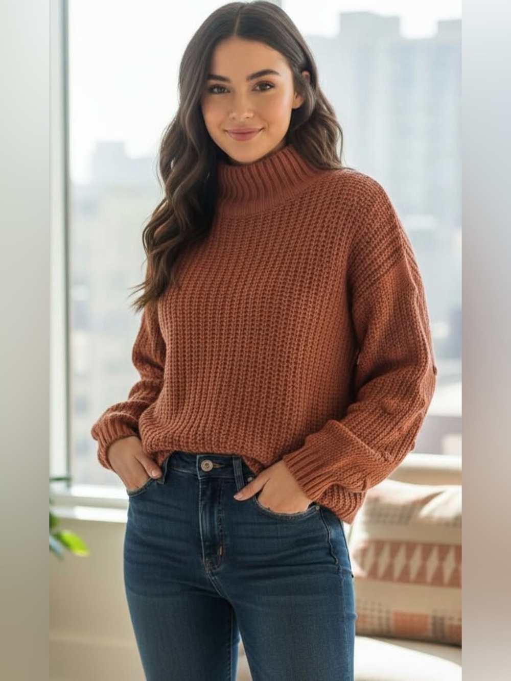 moon & madison Textured Knit Cowl Sweater in Rust